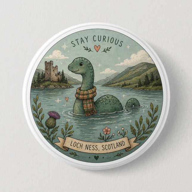 Bleib neugierig gemütliches Kryptid Nessie Loch Ne Button (Vorderseite)
