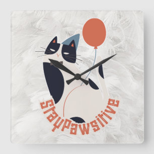 Bleib Positiv   Eleganter Smoking-Kater Whimsical  Quadratische Wanduhr