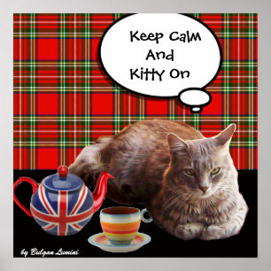 "BLEIB RUHIG UND KATZE OBEN" ,ROTER TARTAN,KATZEN- POSTER