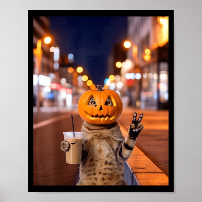 Bleib wild Halloween-Katze trinkt Eiskaffee Poster (Vorne)
