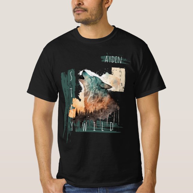 "Bleib Wild" Howling Wolf Anpassbar   T-Shirt (Vorderseite)