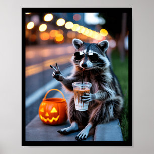 Bleib wild Waschbär trinkt eisgekühlten Kaffee Hal Poster