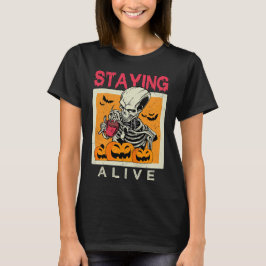 Bleibe Alive Skeleton Coffee Halloween Design T-Shirt
