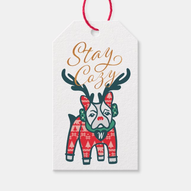 Bleibe Cozy | French Bulldog Rentier Christmas Geschenkanhänger (Vorderseite)