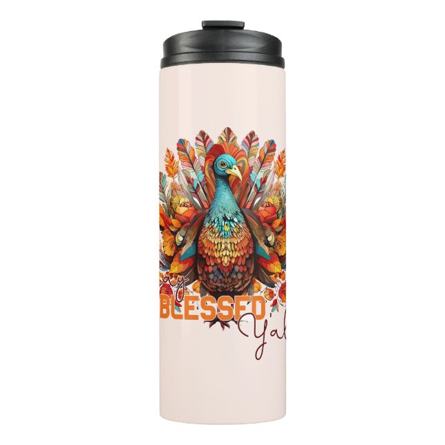 Bleibe gesegnet Y'all mit farbenfroher Türkei Thermosbecher (Vorderseite)