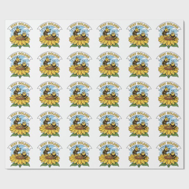 Bleibe Golden - Biene und Blume Illustration Geschenkpapier (Flach)