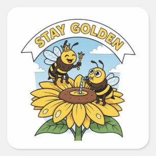 Bleibe Golden - Biene und Blume Illustration Quadratischer Aufkleber