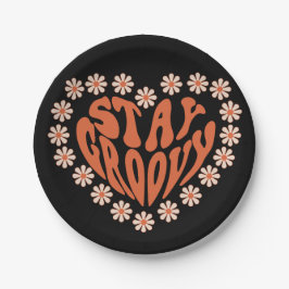 Bleibe Groovy Herz mit Blume Pappteller