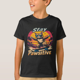Bleibe Pawsitive Retro Cat Skateboard Design - Fun T-Shirt
