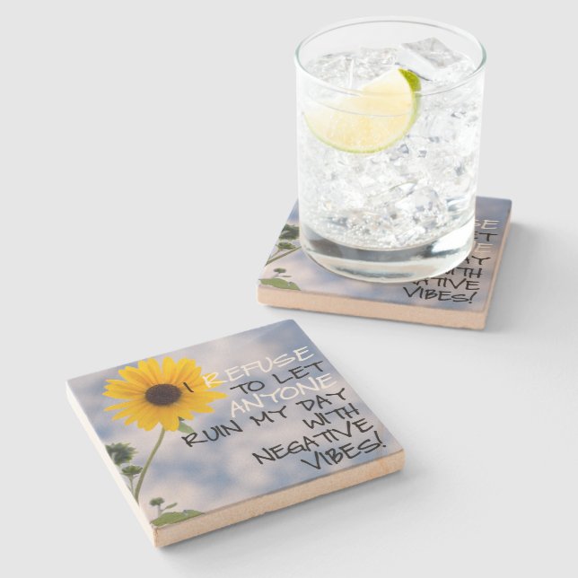 Bleibe positiver Text mit Sonnenblume im Himmel Steinuntersetzer (Seitenansicht)
