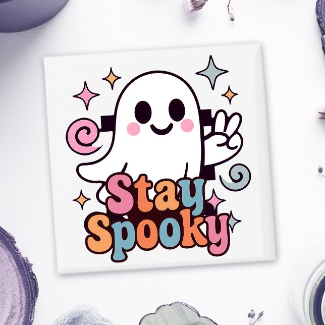 Bleibe Spooky Groovy Ghost Retro Pastel Halloween Magnet (Celebrate Halloween season in style with this groovy ghost stay spooky design.)