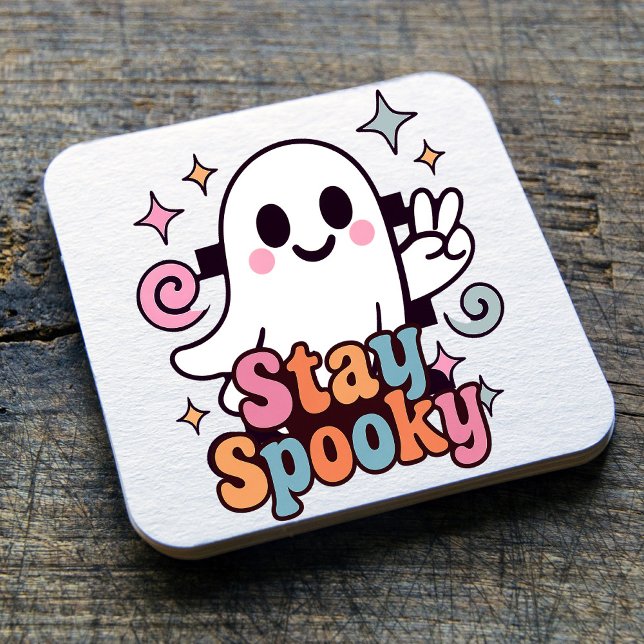 Bleibe Spooky Groovy Ghost Retro Pastel Halloween Rechteckiger Pappuntersetzer (Celebrate Halloween season in style with this groovy ghost stay spooky design.)