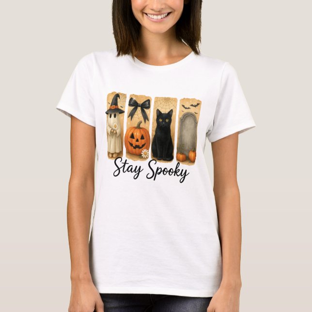 "Bleibe Spooky" Halloween Pinselstriche Katze Frau T-Shirt (Vorderseite)