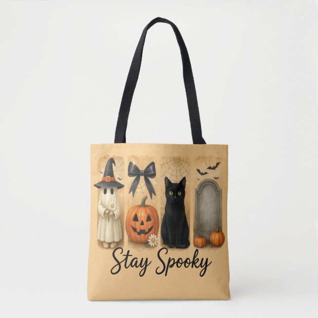 "Bleibe Spooky" Halloween Pinselstriche Katze Frau Tasche (Vorderseite)