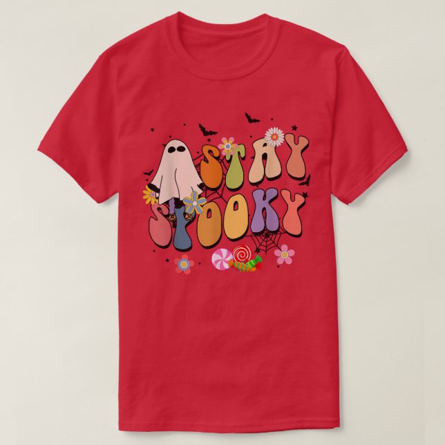 Bleibe Spooky Retro Groovy Ghost Floral Happy Hall T-Shirt (Design vorne)