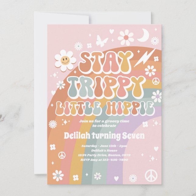 Bleibe Trippy Little Hippie Groovy Rainbow Birthda Einladung (Vorderseite)