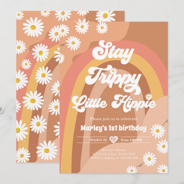 Bleibe Trippy Little Hippie Retro Daisy Geburtstag Einladung (Vorne/Hinten)