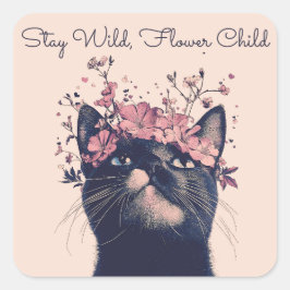 Bleibe Wild, Blume Child Cat Floral Boho Quadratischer Aufkleber