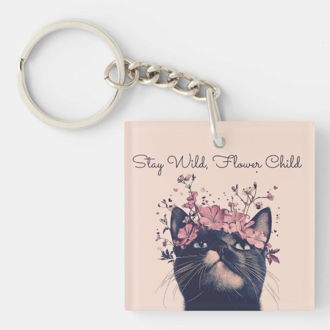 Bleibe Wild, Blume Child Cat Floral Boho Schlüsselanhänger (Vorderseite)