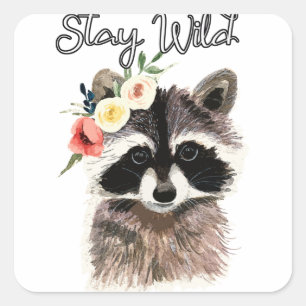 Bleibe Wild - Niedliche Raccoon Tragen Blume Krone Quadratischer Aufkleber