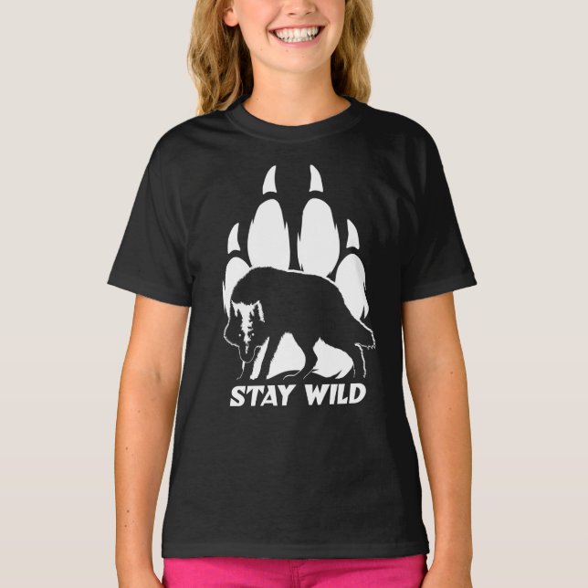 Bleibe Wild - Wolf-Silhouette und Fußabdruck T-Shirt (Vorderseite)