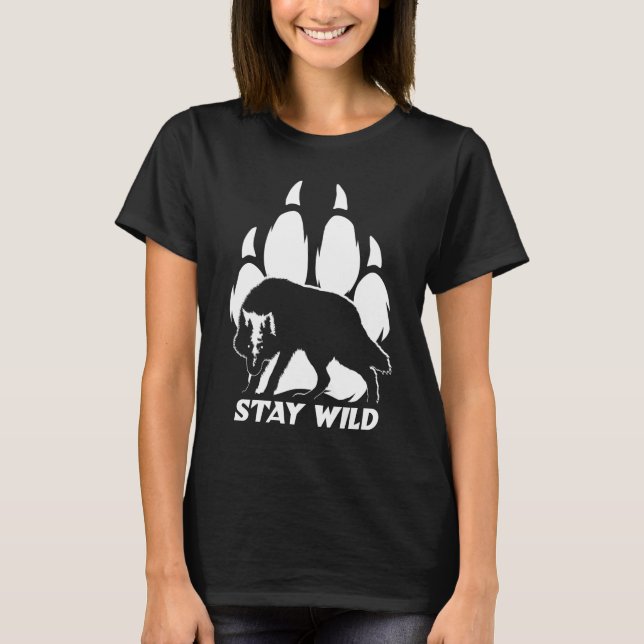 Bleibe Wild - Wolf-Silhouette und Fußabdruck T-Shirt (Vorderseite)