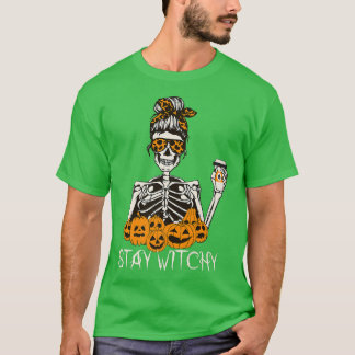 Bleibe Witchy Skeleton Drinking Messy Bun Leopard  T-Shirt