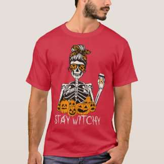 Bleibe Witchy Skeleton Drinking Messy Bun Leopard  T-Shirt