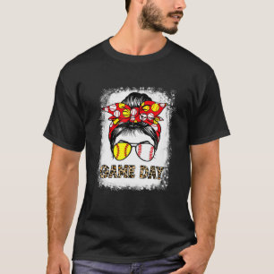 Bleiche Softball Mama Life Leopard Messy Bun Game T-Shirt