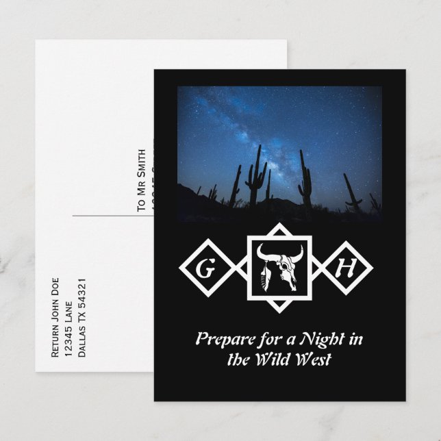 Bleichendes Schwarz-Silhouette-Monogramm-Foto Einladungspostkarte (Vorne/Hinten)