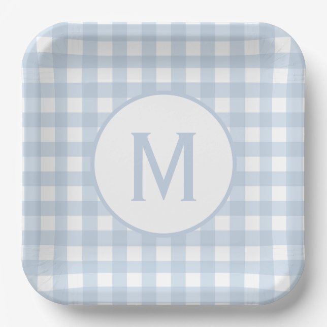 Bleichpulver Blaues Gingham-Muster Monogramm Pappteller (Vorderseite)