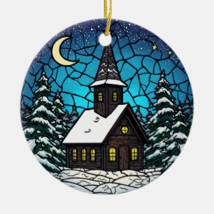 Bleiglas-Kapelle Winter Nacht Keramik Ornament
