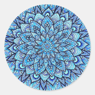 Bleistift Handgezeichnetes Mandala-Design in Blau Runder Aufkleber
