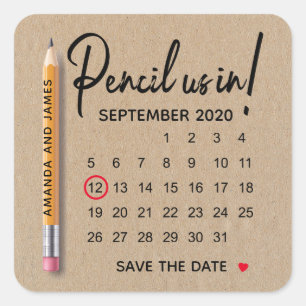 Bleistift in unseren Kalender Karton Save The Date Quadratischer Aufkleber