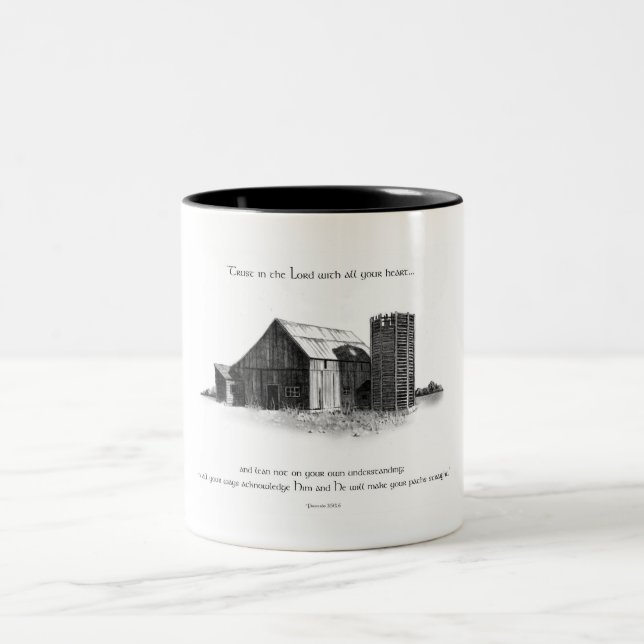 BLEISTIFT: SCHEUNE: SPRICHWORT-BIBEL-VERS ZWEIFARBIGE TASSE (Mittel)