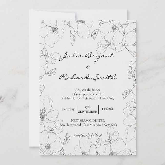 Bleistift-Sketch | Peony Minimalistisch Wedding Einladung (Vorderseite)