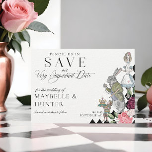 Bleistift uns ein Alice im Wunderland Schachbrettm Save The Date