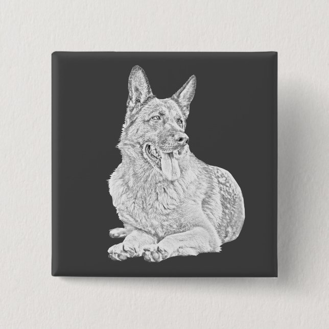 Bleistift Zeichnend Happy German Shepherd Button B (Vorderseite)
