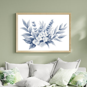 Bleistiftskizze Silber Grau Weiße Blüten Poster