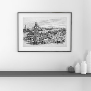 Bleistiftzeichnung Hamburgs Hafen Panorama Wahrzei Poster