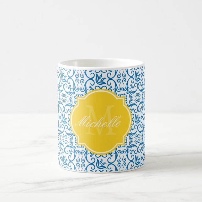 Blendend blaue Houndstooth-Monogramm-Tasse Kaffeetasse (Mittel)