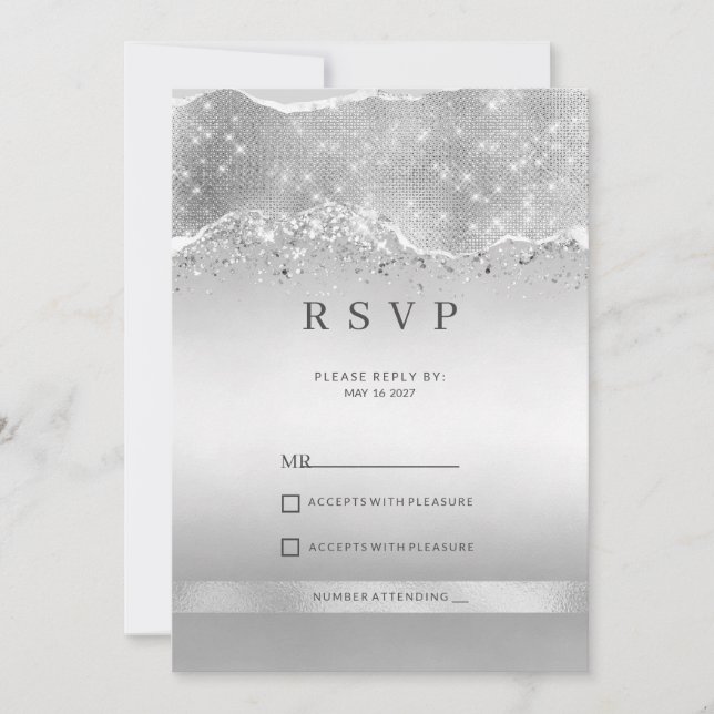 Blendende Silber-Glitzer-RSVP Einladung (Vorderseite)