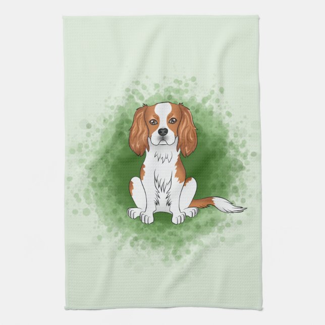 Blenheim Cavalier King Charles Spaniel auf Green Geschirrtuch (Vertikal)