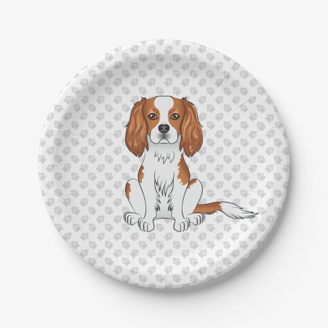 Blenheim Cavalier King Charles Spaniel & Paws Pappteller (Vorderseite)