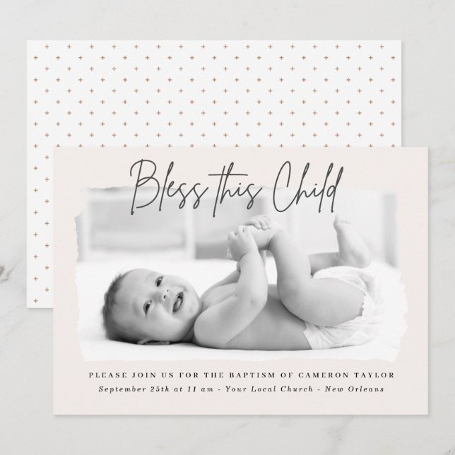 Bless diesem Kind trostlose Creme Christening Tauf Einladung (Vorne/Hinten)