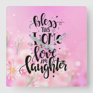 Bless this home Quote with Daisies Quadratische Wanduhr