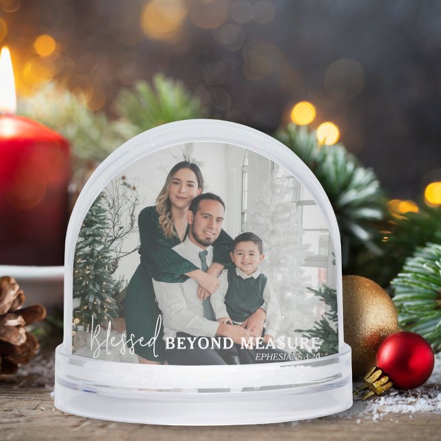 Blessed Beyond Measure Modern Two Photo Keepsake Schneekugeln (Customize both sides with your favorite holiday photos  and add the year for a personal keepsake.)