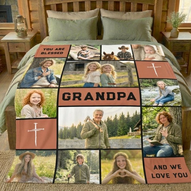 Blessed Grandpa 12 Photo Collage Custom Text Fleecedecke (Von Creator hochgeladen)