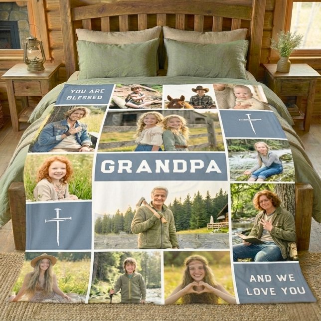 Blessed Grandpa 12 Photo Collage Custom Text Fleecedecke (Von Creator hochgeladen)