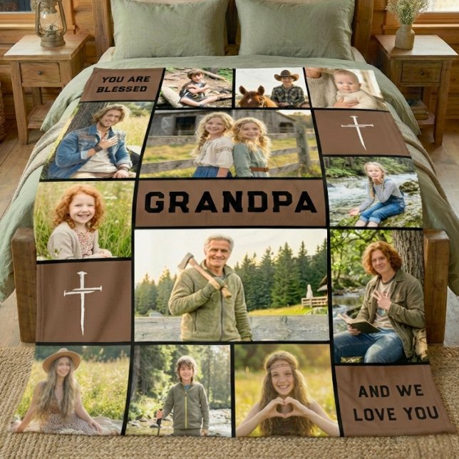 Blessed Grandpa 12 Photo Collage Custom Text Fleecedecke (Von Creator hochgeladen)